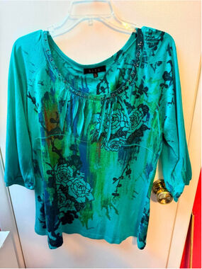 B.LE.U. Blouse 3/4 Sleeve XL Blue Green Rhinestones All Over Print Y2k